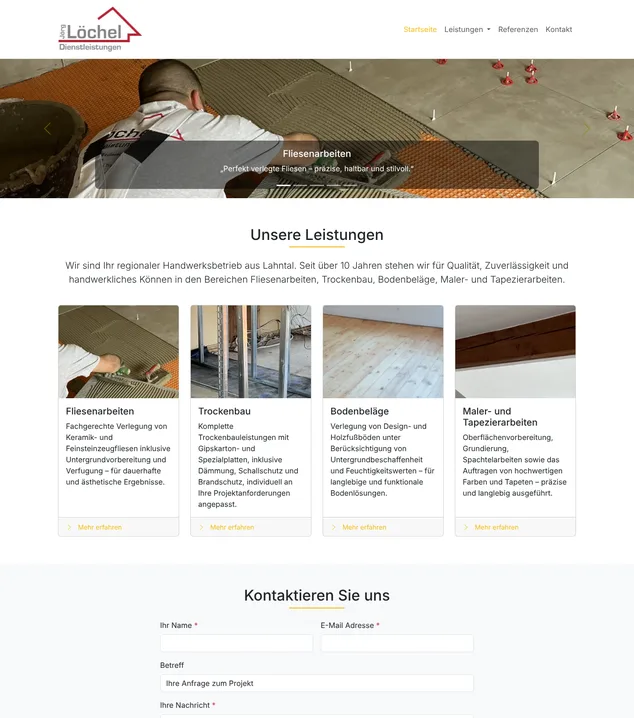 Screenshot der Website von Löchel Dienstleistungen mit Fliesenarbeiten, Trockenbau, Bodenbelägen und Malerarbeiten