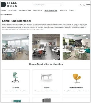 Screenshot des Onlineshops steelboss.de mit Schul- und Kitamöbeln